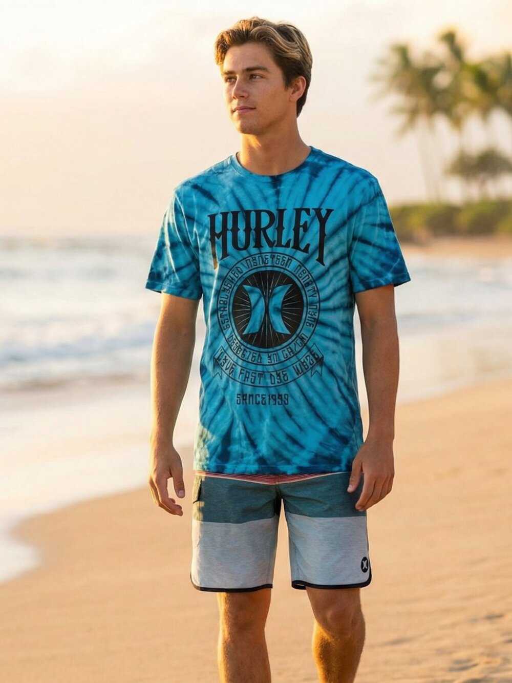 Hurley L Men's T Shirt Blue Tie Dye SS Spiral 1999 Grunge Surf Casual 90s Y2K
